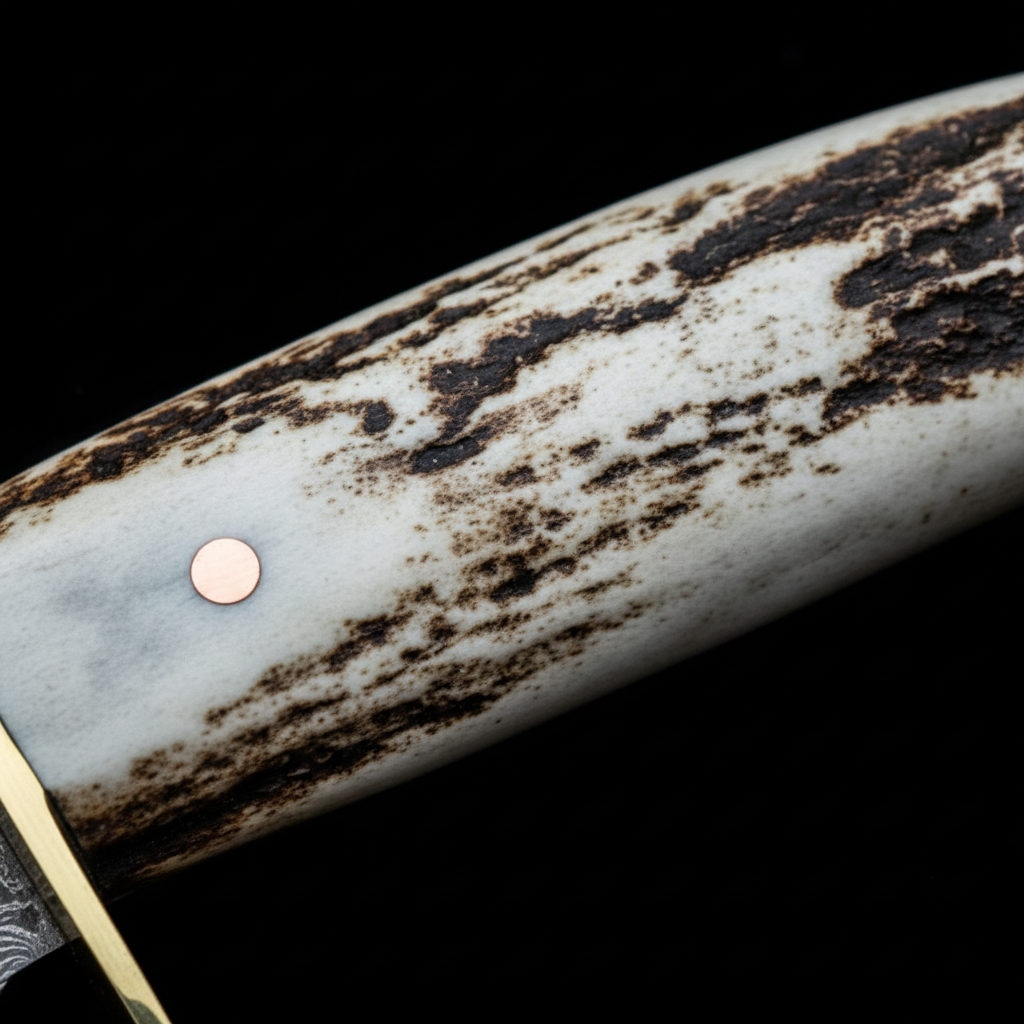 Close-up stag antler handle brass guard handmade Damascus Bowie knife detail
