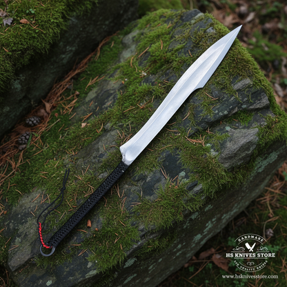 Single curved Naginata style sword with leaf-shaped blade resting on mossy forest rocks