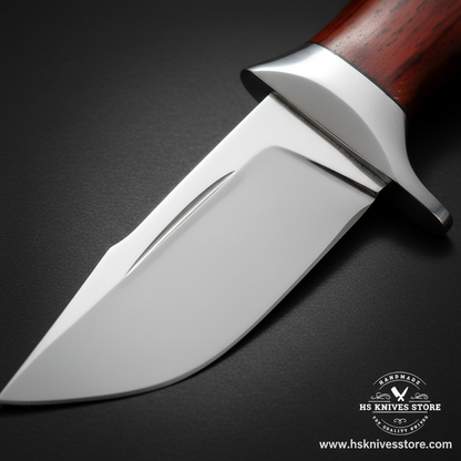 Close-up of J2 steel skinner knife blade showing mirror polished belly curve finger groove choil and silver bolster