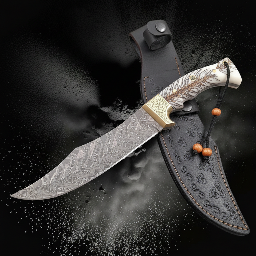 Damascus steel Bowie knife with white resin handle and black embossed leather sheath, mirror studio shot left facing