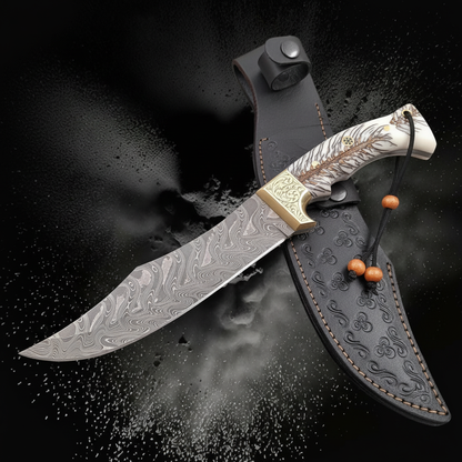 Damascus steel Bowie knife with white resin handle and black embossed leather sheath, mirror studio shot left facing