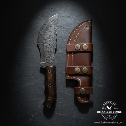 Damascus steel tracker knife displayed vertically on dark slate with micarta handle and leather sheath luxury shot