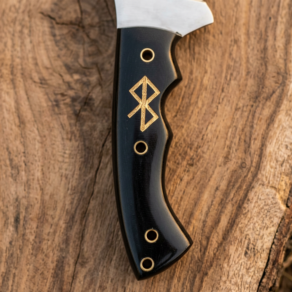 Black micarta tracker handle detail with gold-tone rings and geometric accent