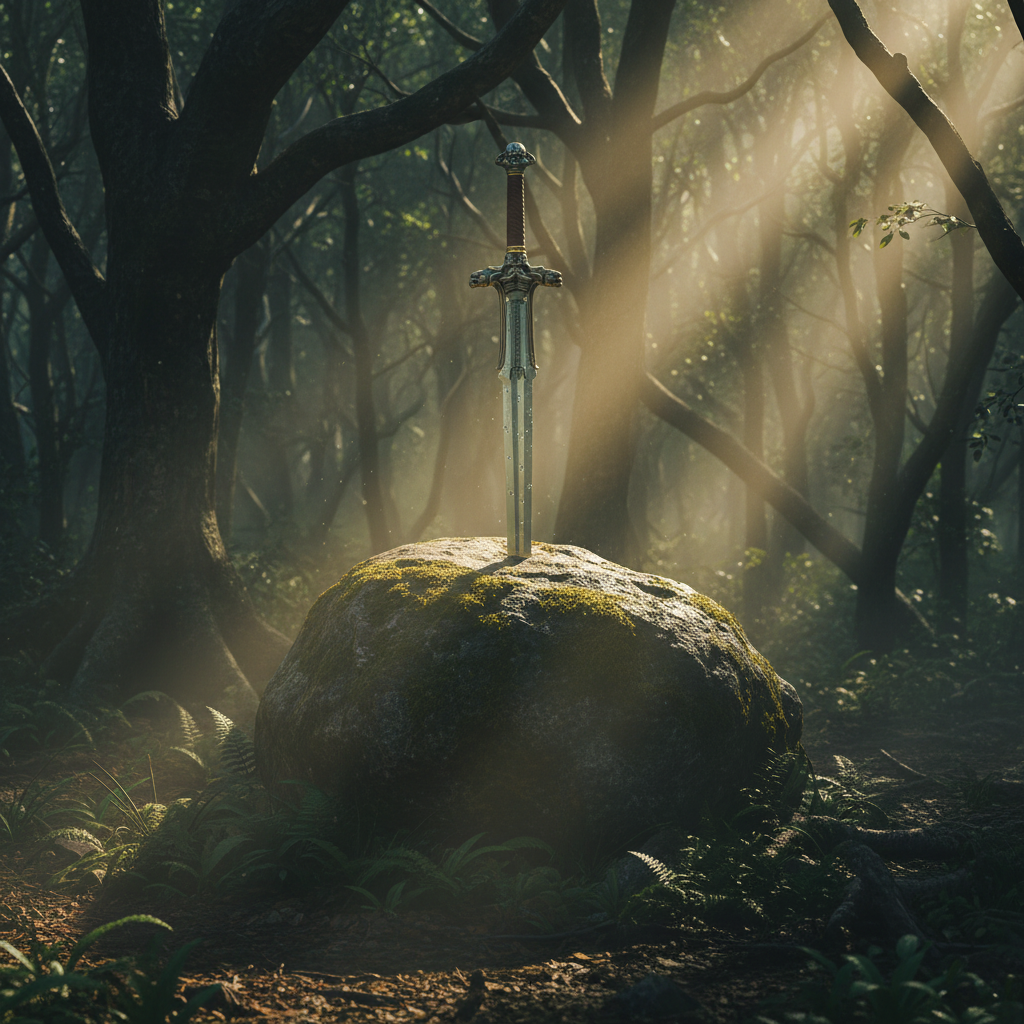 Barbarian broad sword embedded in ancient mossy stone in dark atmospheric forest with cinematic mist and light rays