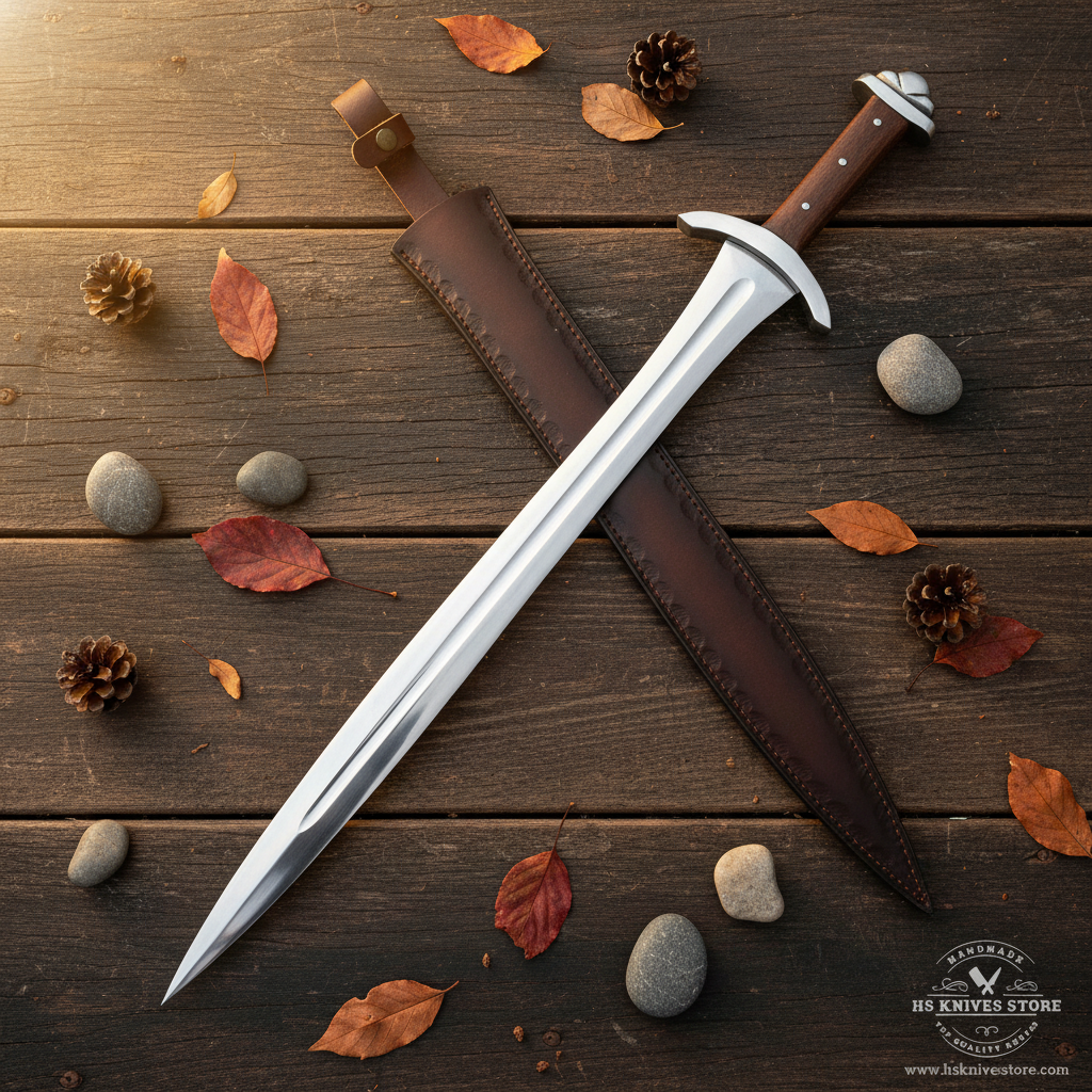 D2 steel Viking sword with rosewood handle and leather scabbard flat lay on rustic dark wood with autumn leaves