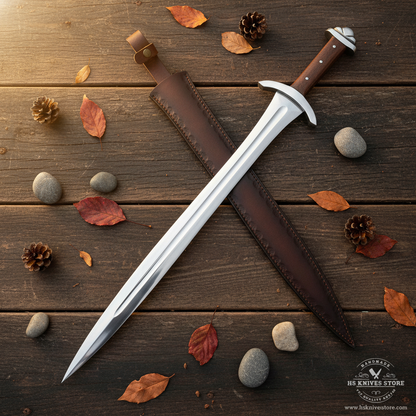 D2 steel Viking sword with rosewood handle and leather scabbard flat lay on rustic dark wood with autumn leaves