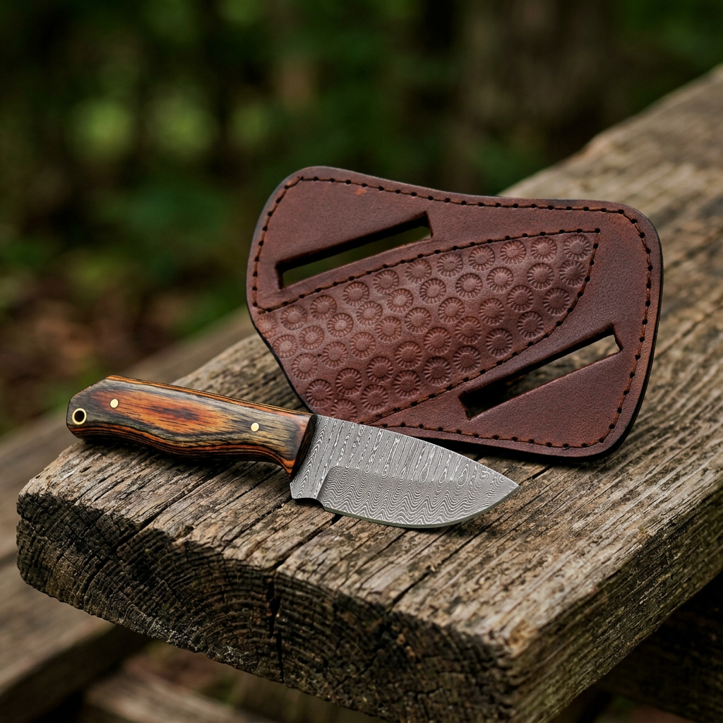 Right-angle view of multitone-handled mini knife and floral sheath on a picnic bench