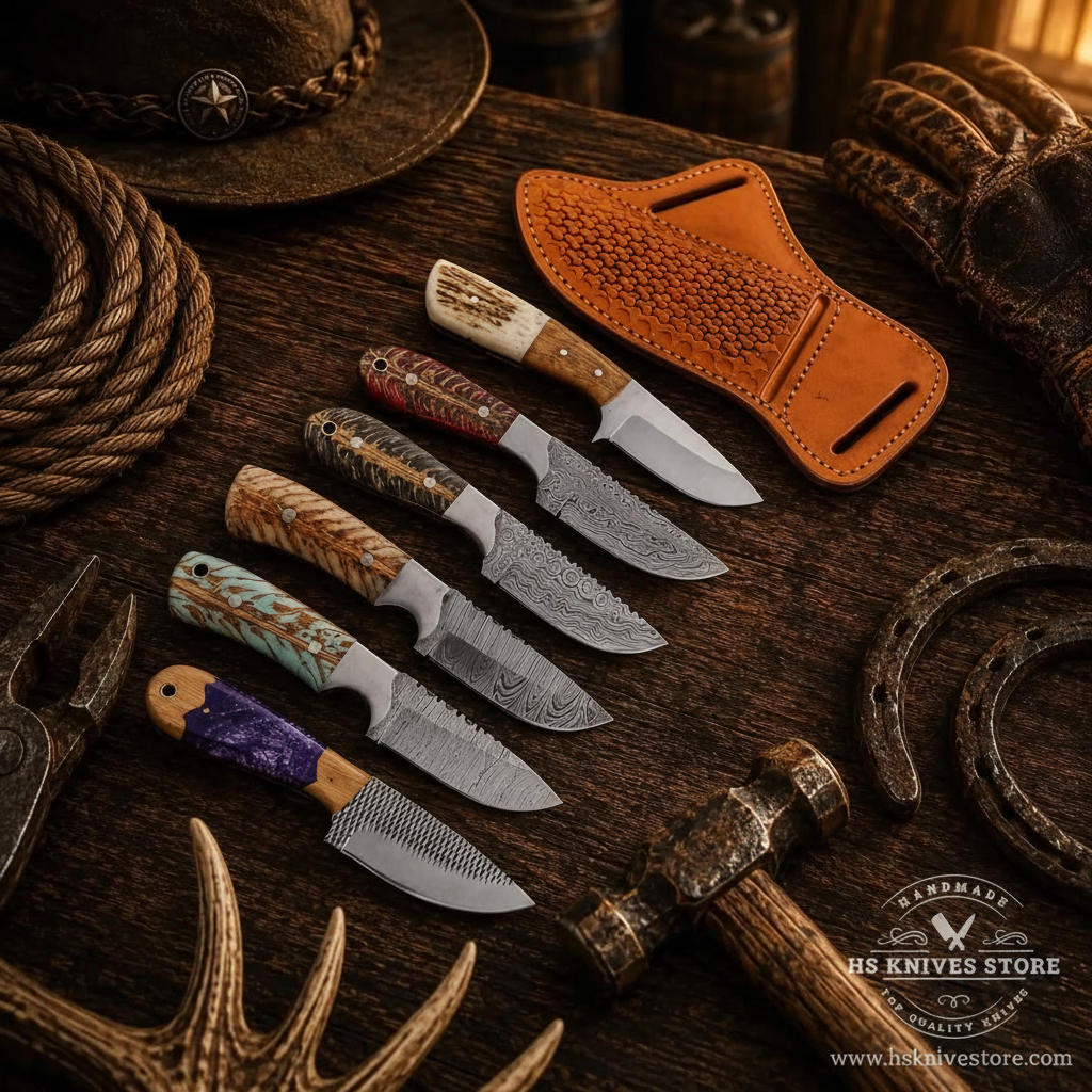 6-piece skinner knife bundle flat lay on dark rustic walnut wood with cowboy rope horseshoe and dried leaves western style
