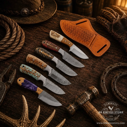 6-piece skinner knife bundle flat lay on dark rustic walnut wood with cowboy rope horseshoe and dried leaves western style