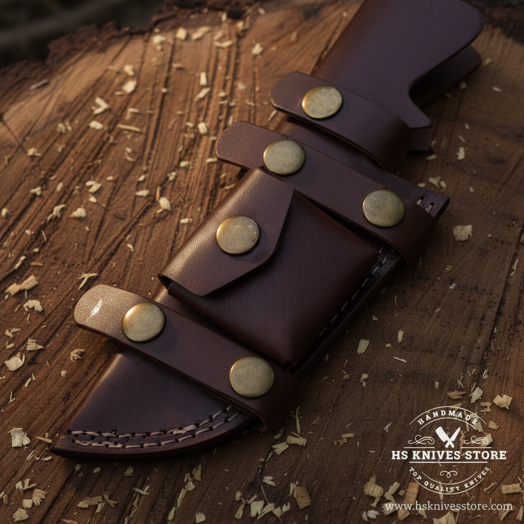 Close-up macro of dark chocolate brown leather sheath with four large brass concho buttons and dark brown stitching and wide belt loop