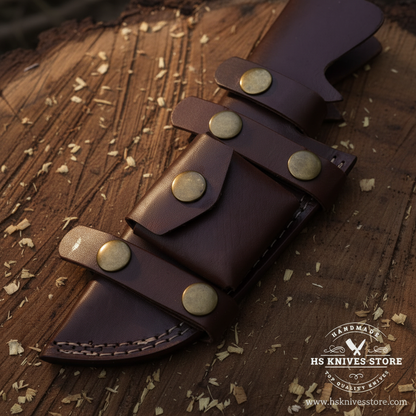 Close-up macro of dark chocolate brown leather sheath with four large brass concho buttons and dark brown stitching and wide belt loop