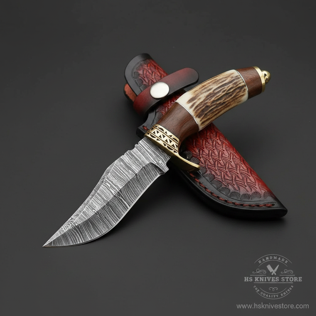 Damascus steel hunting knife stag handle brass filigree crossguard deep burgundy leather sheath dark charcoal studio background