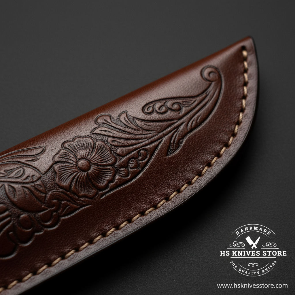 Macro close-up of dark burgundy leather sheath with embossed floral pattern and stitching detail for D2 steel engraved skinner knife