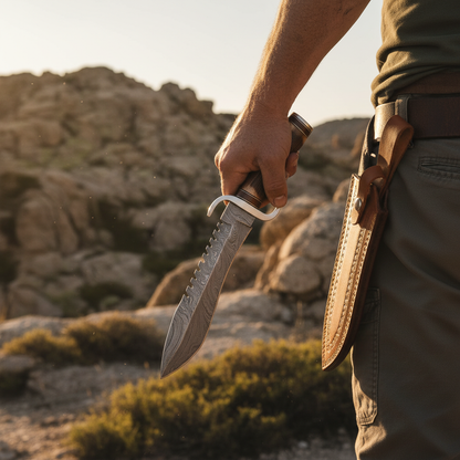 Hunter gripping Damascus Bowie knife antler handle outdoors golden hour action shot