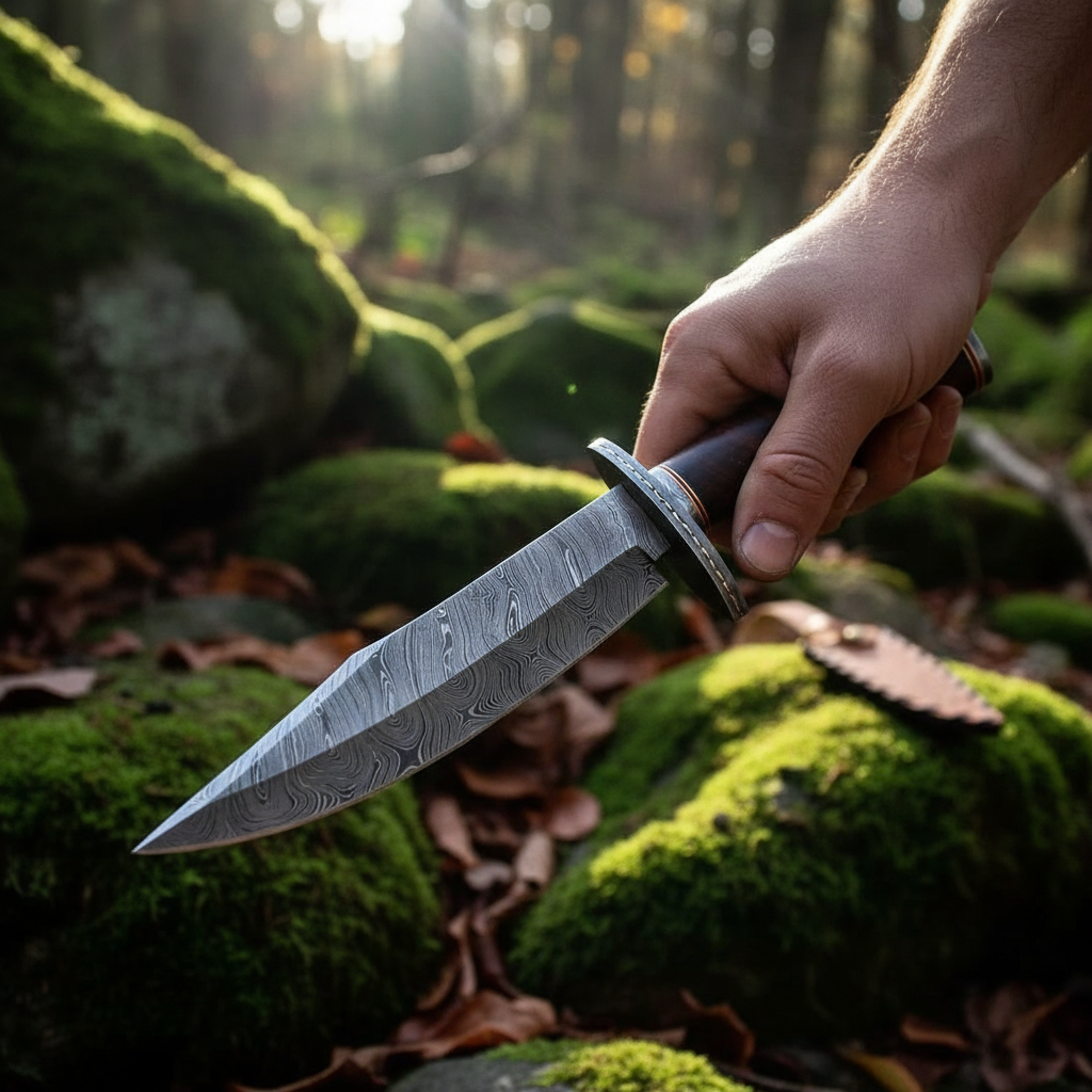 Hands holding Damascus Bowie knife with rosewood handle in outdoor forest setting with autumn leaves