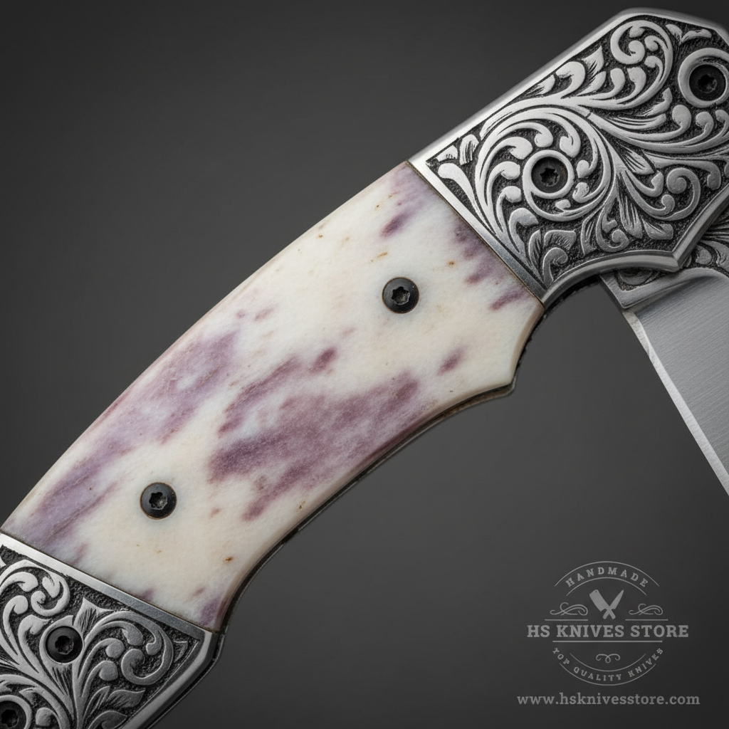 Close-up macro of natural camel bone handle scales with cream white surface and natural purple-pink mottled grain and three black pin rivets