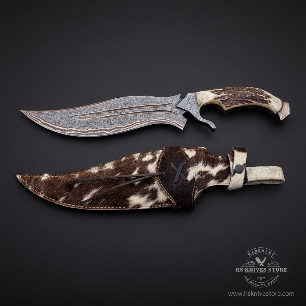 Damascus copper Bowie knife stag handle Damascus guard cowhide fur sheath dark charcoal studio mirror direction