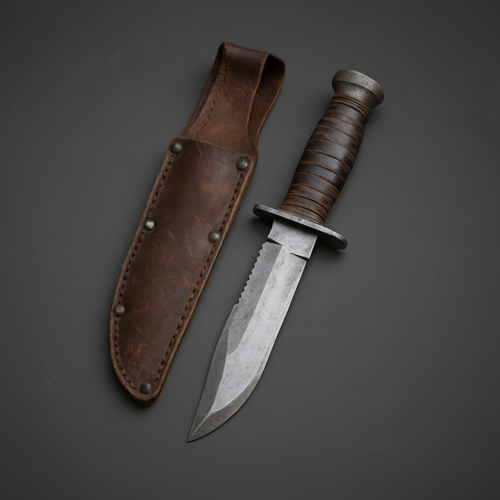 1095 hunting knife stacked leather handle 45 degree premium angle dark grey background