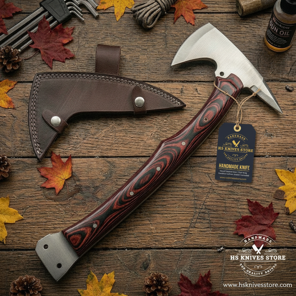 Flat lay carbon steel tomahawk axe red black pakkawood handle HS Knives Store hang tag dark rustic wood autumn leaves