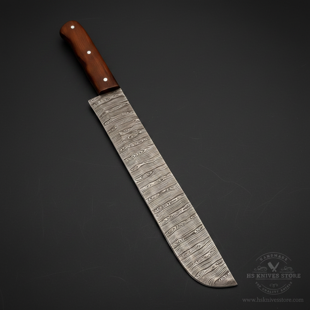 Close-up of the flowing wood-grain Damascus pattern on a long rosewood slicing knife