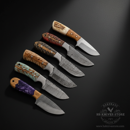 Close-up macro of six knife blades polished stainless steel Damascus swirling wave layered patterns and rasp file texture