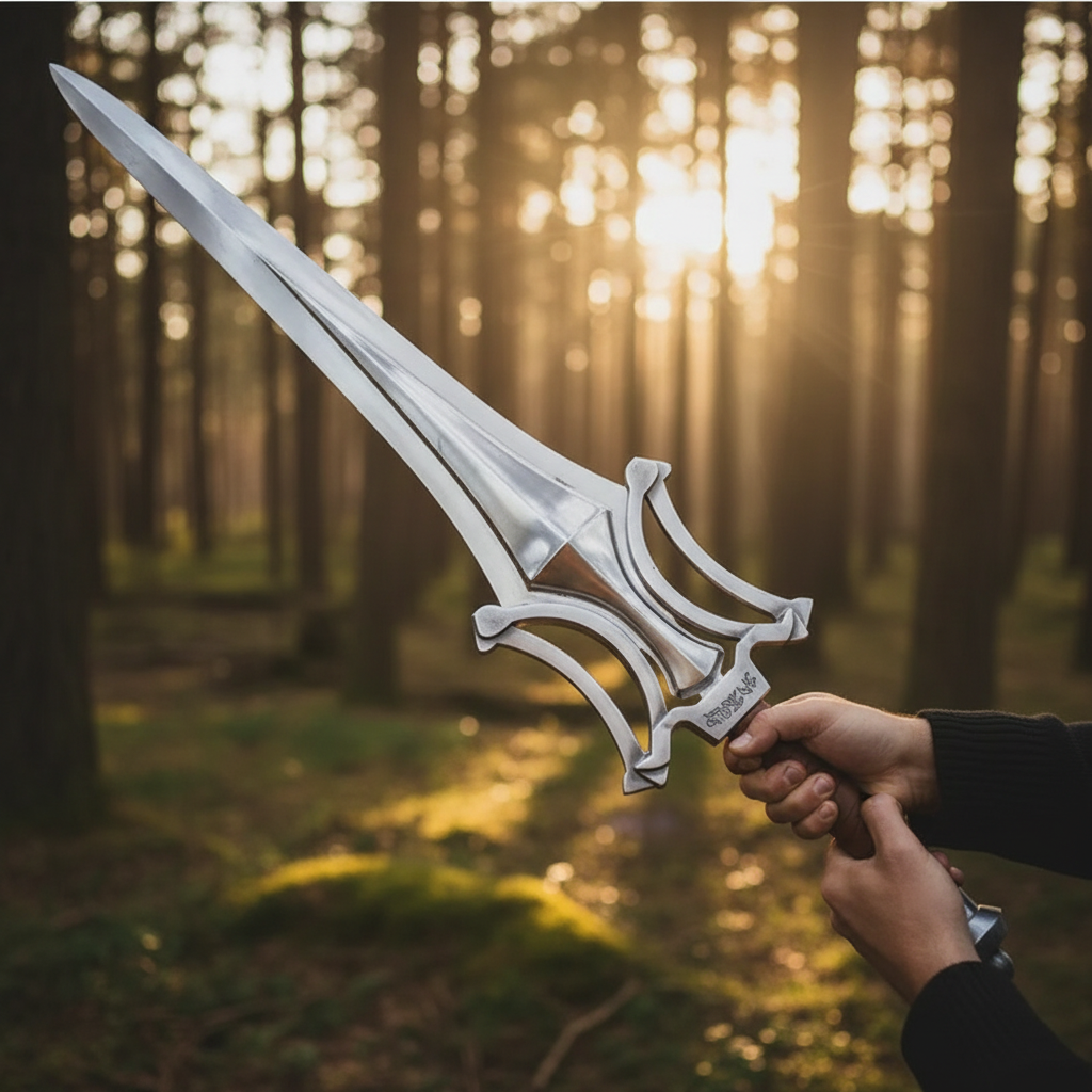 Hands gripping fantasy medieval broad sword handle raised upward in dramatic outdoor forest setting