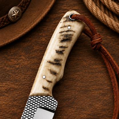 Macro detail of cream ram horn handle with dark markings and leather lanyard
