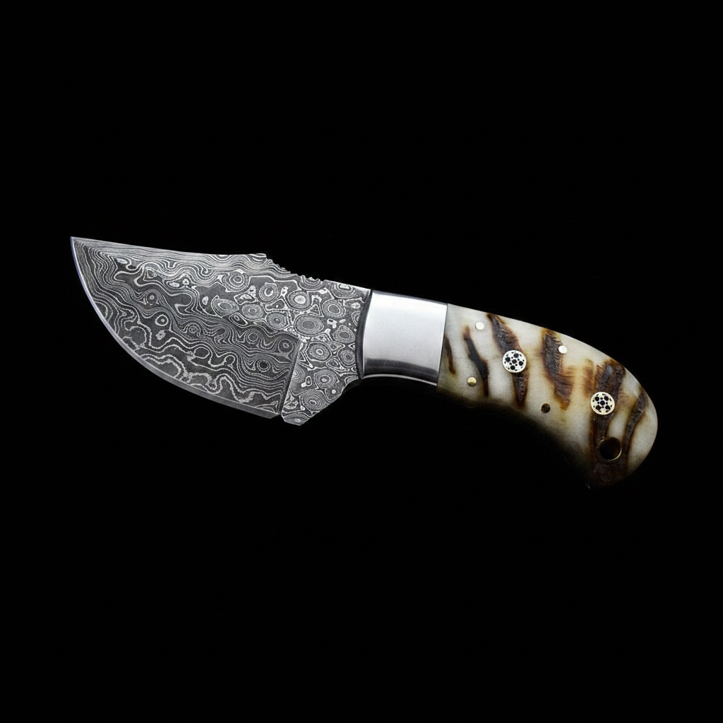 Hand forged raindrop Damascus skinner knife with ram horn handle and steel bolster on black background