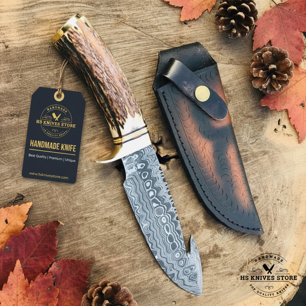 Damascus steel gut hook hunting knife stag antler handle flat lay on dark rustic wood with HS Knives Store hang tag attached autumn leaves pine cones