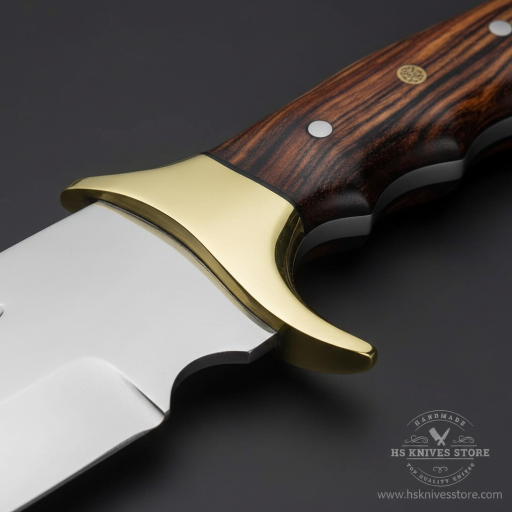 Close-up macro of dark rosewood handle with warm reddish-brown grain and black spacer layers and large polished gold brass bolster