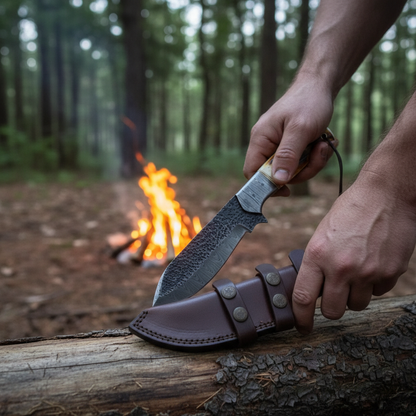 Hands holding Damascus tracker hunting knife with burned bone handle near campfire in outdoor forest