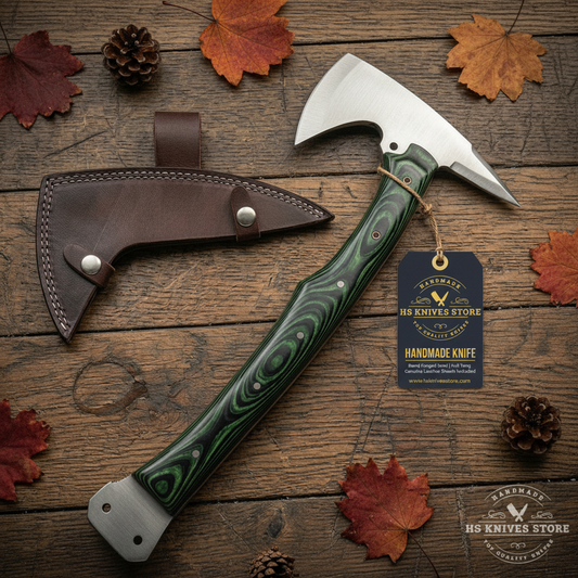 Carbon steel tomahawk axe green black pakkawood handle dark brown leather sheath rustic wood flat lay studio