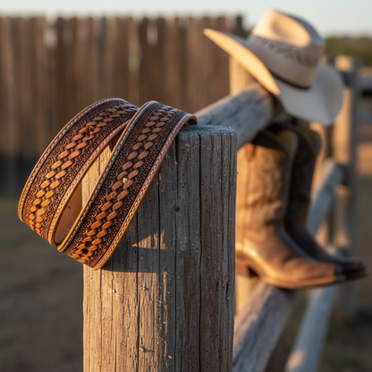 Hand-tooled western leather belt coiled ranch fence post cowboy hat boots golden hour