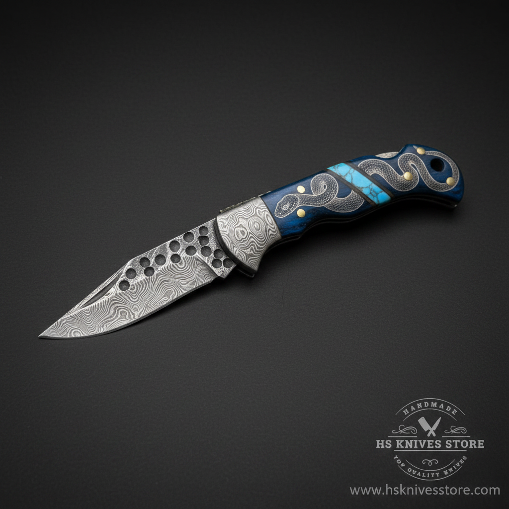 Damascus steel folding pocket knife open blade blue wood snake engraved handle turquoise inlay Damascus bolster dark charcoal studio background