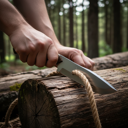 Hands cutting rope with handmade D2 steel Bowie knife stabilized burl wood handle outdoor action shot