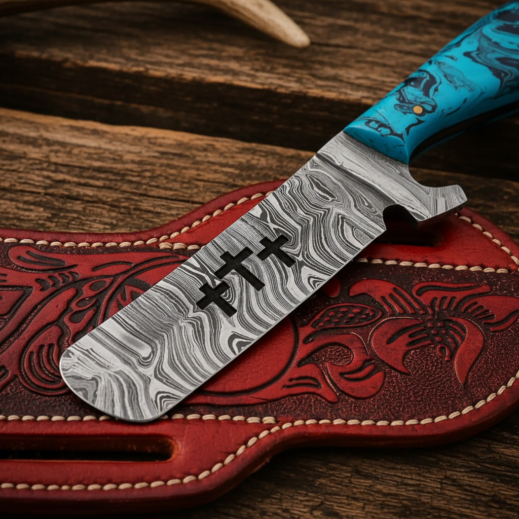Close-up of the cross wire cut Damascus blade on a Bull Cutter Knife