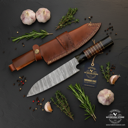 Damascus chef knife flat lay with buffalo horn handle and HS Knives Store hang tag on dark slate with fresh herbs