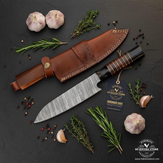 Damascus chef knife flat lay with buffalo horn handle and HS Knives Store hang tag on dark slate with fresh herbs