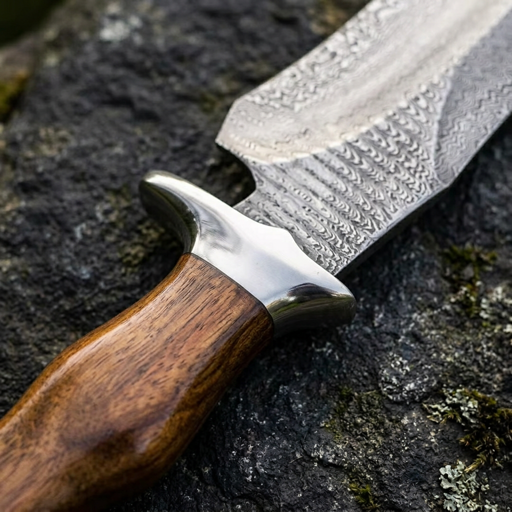 Solid steel guard detail between rosewood handle and patterned Damascus blade
