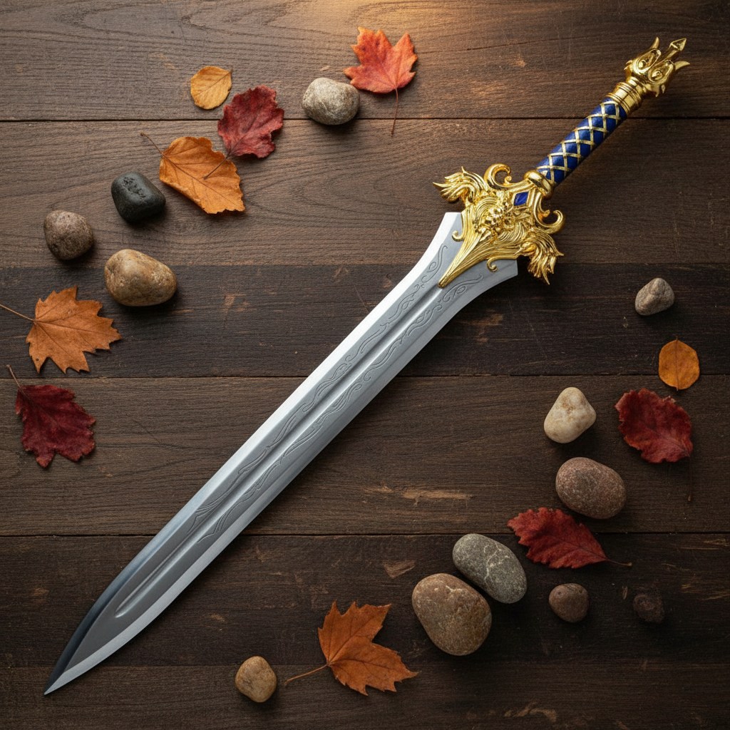 Royal gold guard broad sword flat lay on rustic dark wood with autumn leaves and stones