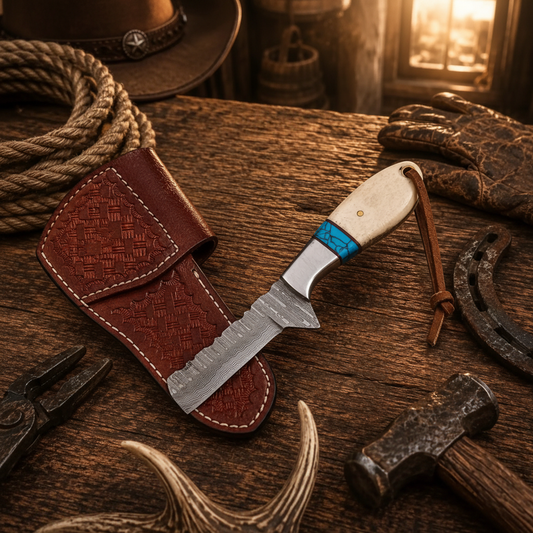 Front view of a handmade Damascus Bull Cutter Ranch Knife with natural bone and turquoise inlay handle and front pancake leather sheath
