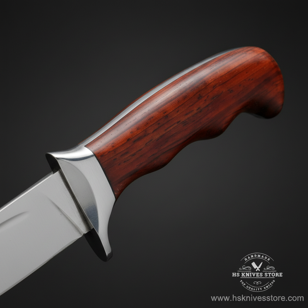 Macro view of dark reddish-brown rosewood handle with smooth contour and integrated silver bolster on J2 steel skinner knife