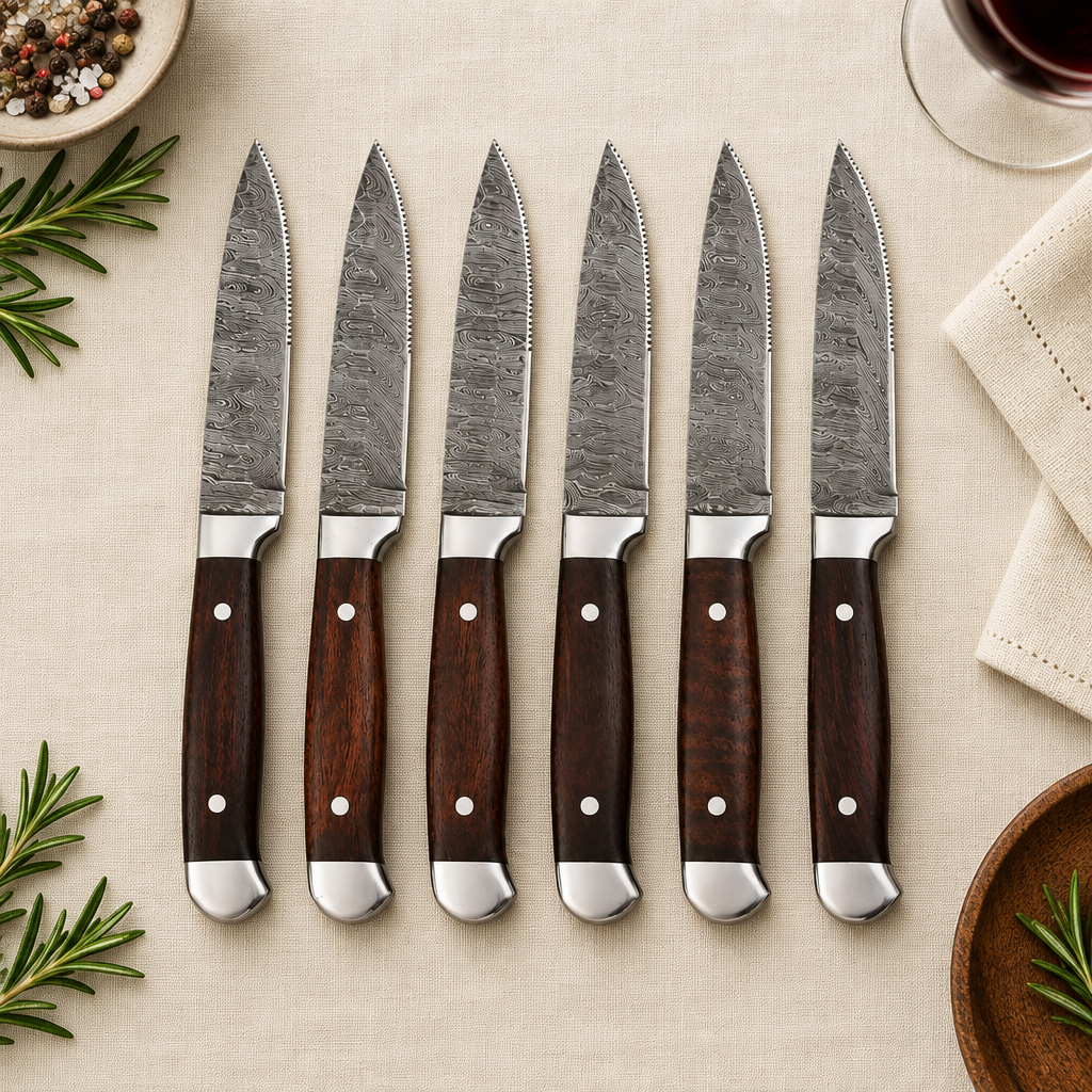 Top-down flat lay of six 10-inch overall Damascus steak knives on cream dining linen