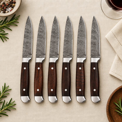 Top-down flat lay of six 10-inch overall Damascus steak knives on cream dining linen