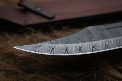 Close up macro shot of Damascus steel blade showing layered pattern acid etched finish sharp edge detail