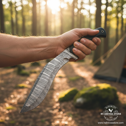 One hand gripping Damascus Kukri knife with black micarta finger groove handle in outdoor forest campsite lifestyle setting