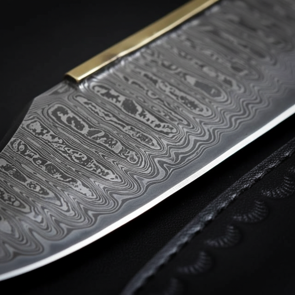 Extreme macro close-up of Damascus steel Bowie knife blade showing bold flowing random Damascus pattern and razor sharp edge