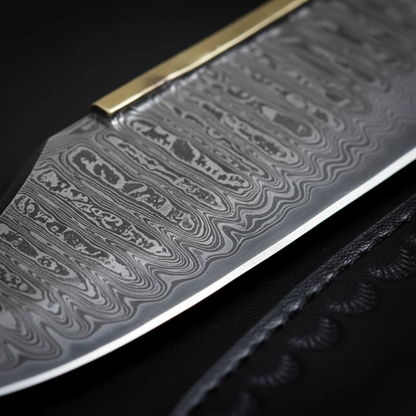 Extreme macro close-up of Damascus steel Bowie knife blade showing bold flowing random Damascus pattern and razor sharp edge