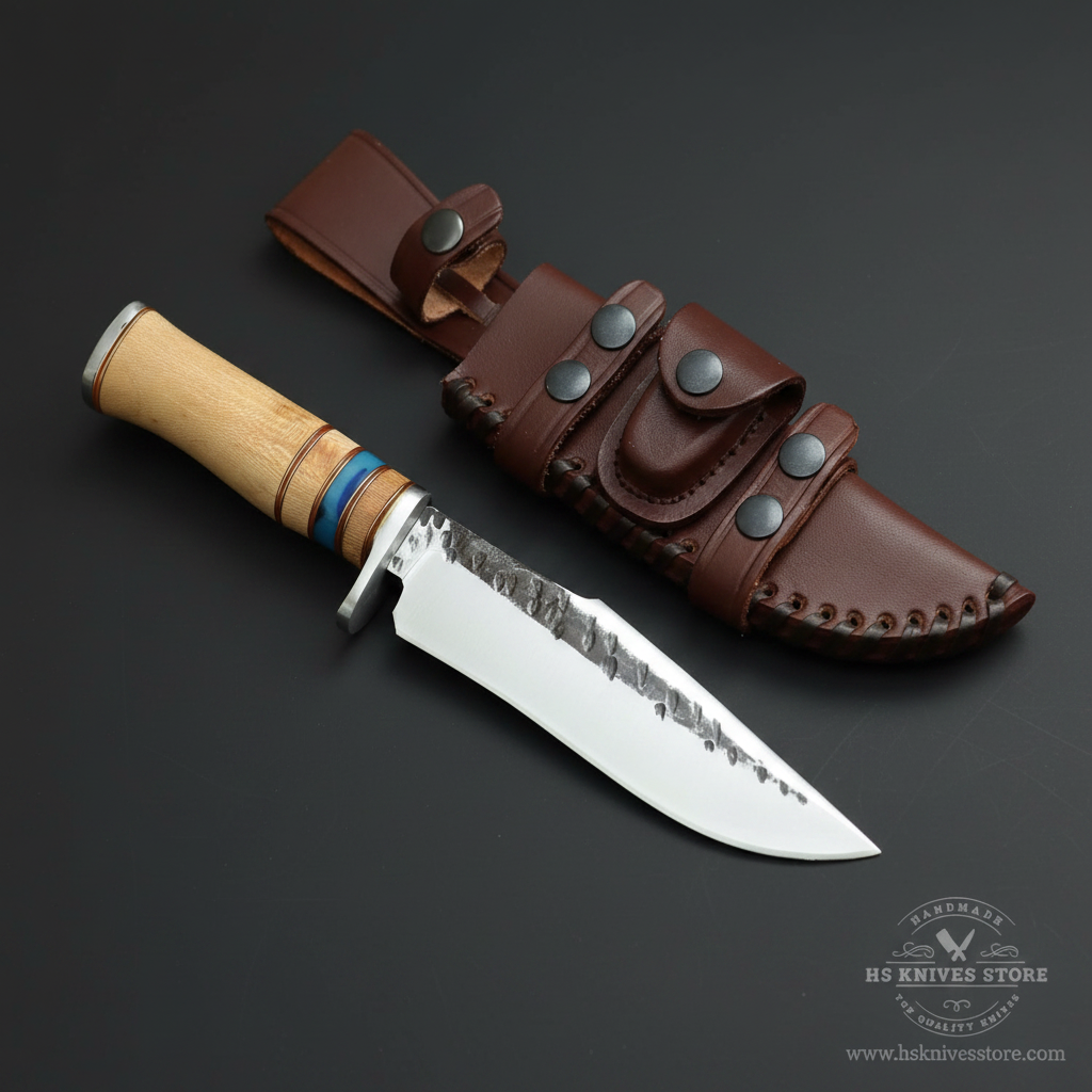 Hand forged hunting knife hidden tang stacked maple blue resin handle silver bolster dark brown leather sheath dark charcoal studio mirror