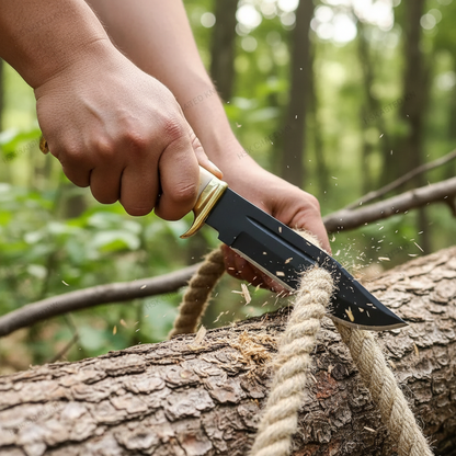 Hands cutting rope with handmade fixed blade hunting knife stacked leather handle outdoor action shot